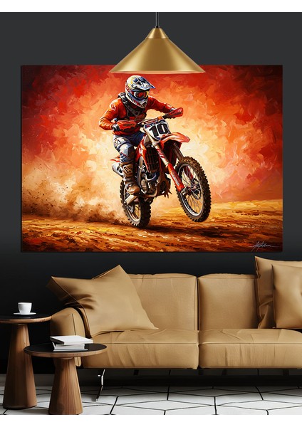 Motosiklet Süren Kasklı Adam Dekoratif Kanvas - Mdf Ahşap Tablo