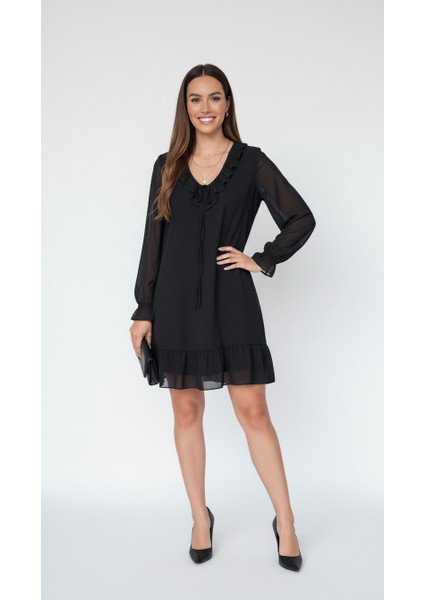 Fırfır Yaka Tül Detay Şifon Elbise