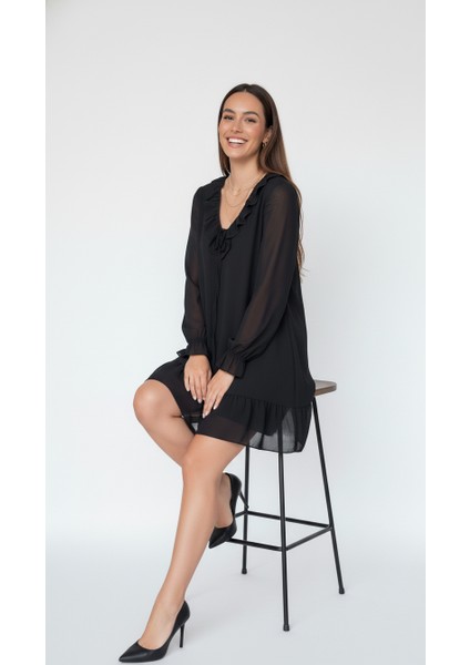 Fırfır Yaka Tül Detay Şifon Elbise fiyatları