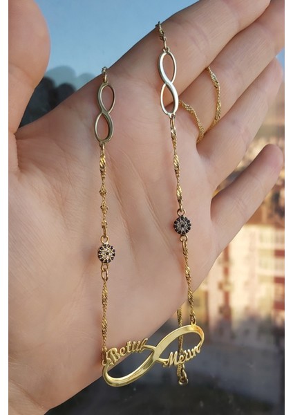 925 Ayar Gümüş 24 Ayar Altın Kaplama 2 Nazar Boncuklu 2 Sonsuzluk Figürlü Isimli Kolye