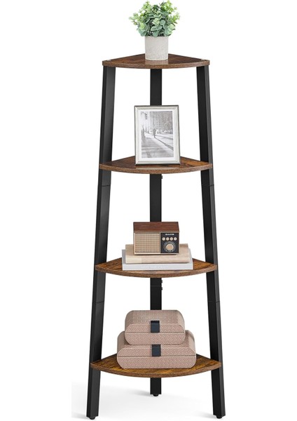 Köşe Rafı, Ayaklı Raf, Kitaplık, 4 Raflı Merdiven Rafı, Kolay Montaj, Sağlam Çelik Çerçeve, Oturma Odası, Yatak Odası, Balkon, Endüstriyel Tasarım, Eski Kahverengi-Siyah LLS34X
