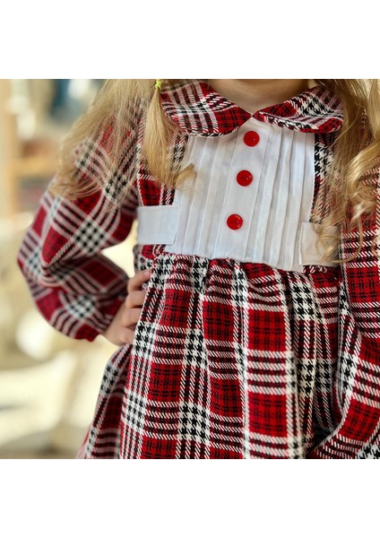 CV-7289 Kız Çocuk Peter Pan Yaka, Düğme ve Plise Detaylı Ön Tasarımlı Vintage Ekose Elbise modelleri