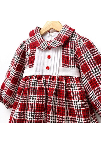 CV-7289 Kız Çocuk Peter Pan Yaka, Düğme ve Plise Detaylı Ön Tasarımlı Vintage Ekose Elbise fırsatları
