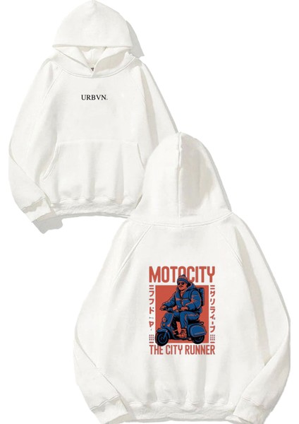 Motocity Tasarım Baskılı Oversize Beyaz Kapüşonlu Sweatshirt