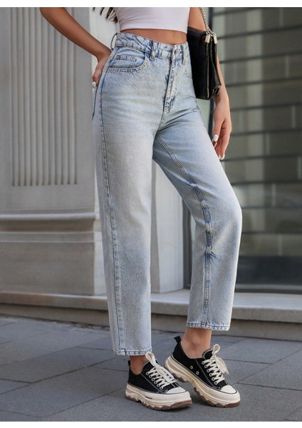 Kadın Buz Mavi Likralı Boyfriend Momjean