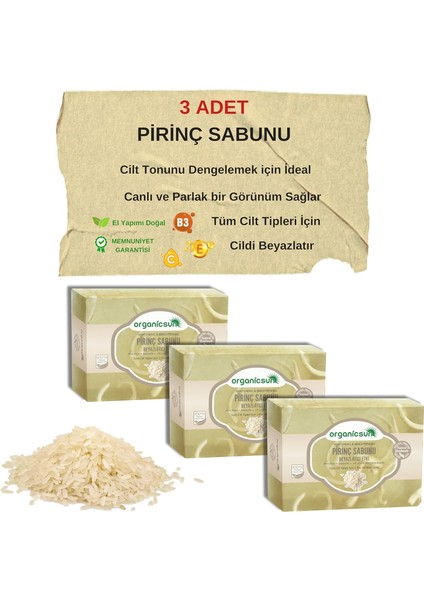 Organicsun Doğal Pirinç Sabunu 140 gr x 3 Adet Tüm Cilt Tipleri Için Beyazlatıcı Etkili