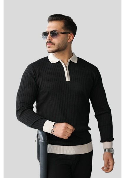 Erkek Kol ve Yaka Detaylı Uzun Kollu Triko Kazak – Şık ve Rahat Günlük Kombin Parçası