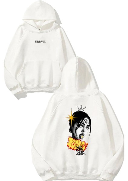 Lick Tasarım Baskılı Oversize Beyaz Kapüşonlu Sweatshirt