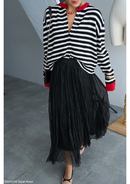 Kadın Düğmeli Çok Renkli Çizgili Kışlık Hırka modelleri