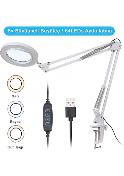 Hareketli 8x Büyüteçli LED Işıklı Masa Çalışma Lambası - Mengeneli (Beyaz) fırsatları