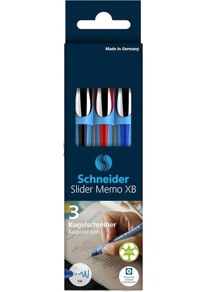 150293 Slider Memo Xb Tükenmez Kalem (Kapaklı, Çizgi Kalınlığı: Xb, Yazı Rengi: Kırmızı/siyah/mavi, Almanya'da Üretilmiştir) 3'lü Kılıf fiyatları