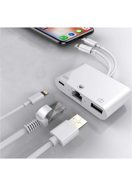 3 In1 Şarj Adaptörü Lightning Type-C Girişini Kamera Fotoğraf Makinesi Lan Ethernet Girişine Çevirici Dönüştürücü Tip-C RJ45 Girişli Iphone ile Uyumlu ZR814