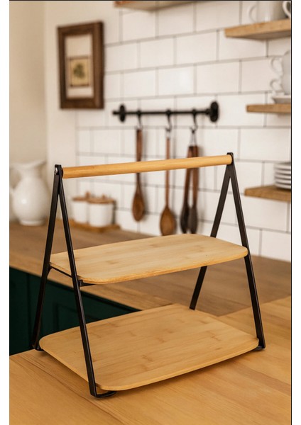 Bambu 2 Katlı Metal Raf Mutfak Banyo Düzenleyici Saplı Raf