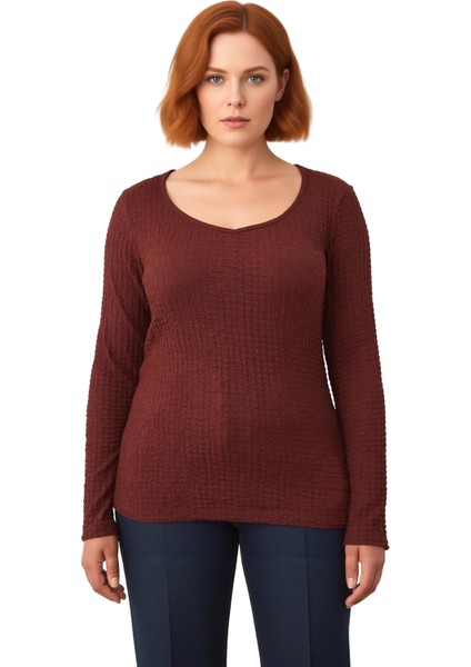 Kadın Gofre Dokulu V Yaka Uzun Kollu Örme Üst Kaliteli Şık Rahat Modern Zarif Günlük