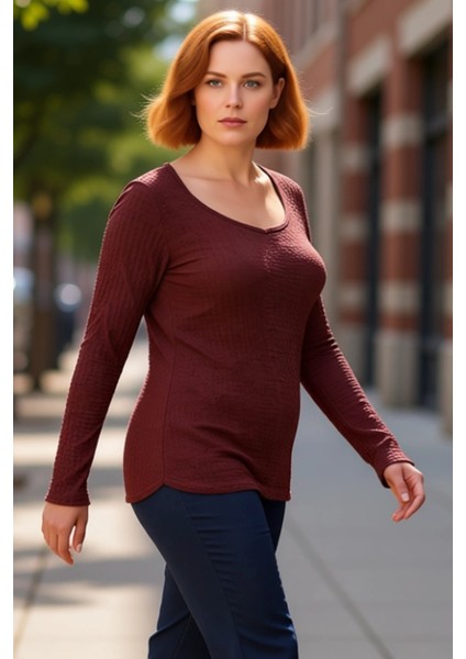 Kadın Gofre Dokulu V Yaka Uzun Kollu Örme Üst Kaliteli Şık Rahat Modern Zarif Günlük modelleri