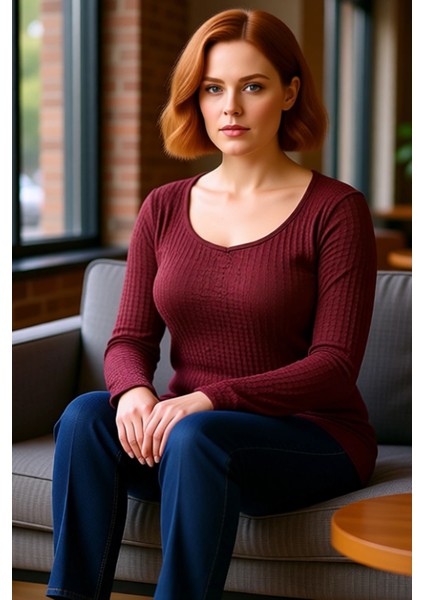 Kadın Gofre Dokulu V Yaka Uzun Kollu Örme Üst Kaliteli Şık Rahat Modern Zarif Günlük fırsatları