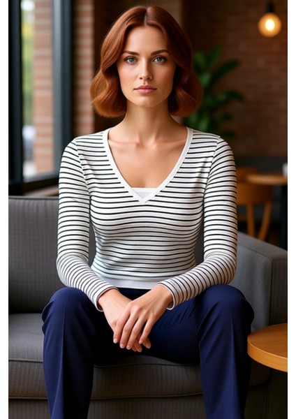 Kadın Pamuklu Elastan V Yaka Uzun Kollu Fitted Bluz Günlük Şıklık Kaliteli Şık Rahat Modern