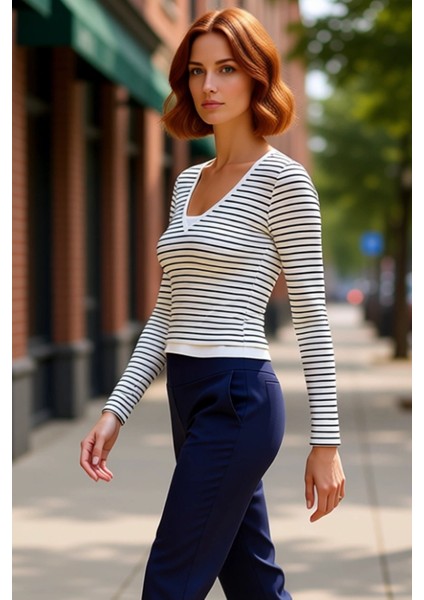 Kadın Pamuklu Elastan V Yaka Uzun Kollu Fitted Bluz Günlük Şıklık Kaliteli Şık Rahat Modern fırsatları