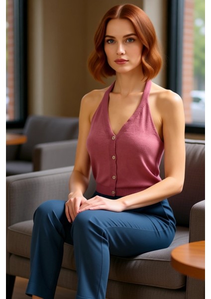 Kadınlar Için Pamuklu Ince Triko Boyundan Bağlamalı Crop Üst Kaliteli Şık Rahat Modern Zarif