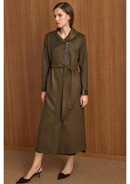 Devrik Yaka Fermuar Kapamalı Deri Garnili Süet Görünümlü Kap K.haki 6804