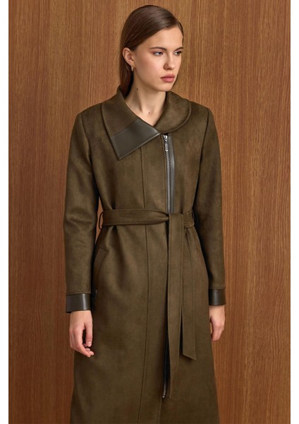 Devrik Yaka Fermuar Kapamalı Deri Garnili Süet Görünümlü Kap K.haki 6804 modelleri