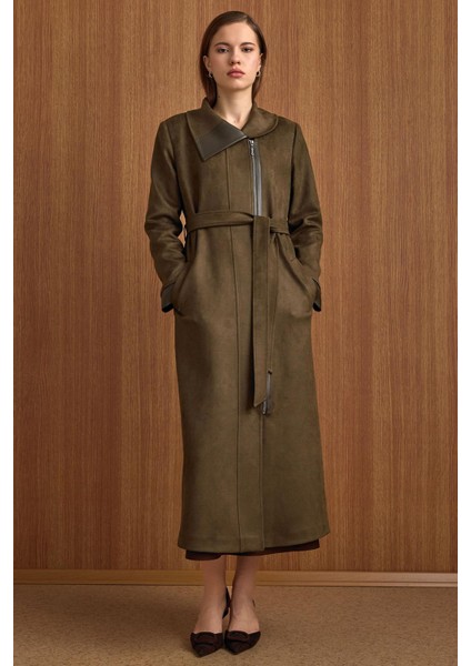 Devrik Yaka Fermuar Kapamalı Deri Garnili Süet Görünümlü Kap K.haki 6804 fırsatları