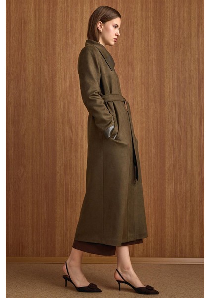 Devrik Yaka Fermuar Kapamalı Deri Garnili Süet Görünümlü Kap K.haki 6804