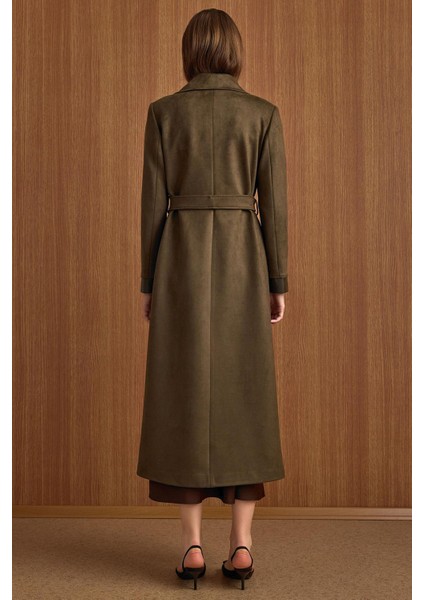 Devrik Yaka Fermuar Kapamalı Deri Garnili Süet Görünümlü Kap K.haki 6804