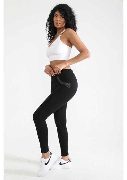 Kadın Siyah Beli Lastikli Yanı Paçası Deri Detaylı Toparlayıcı Tayt modelleri