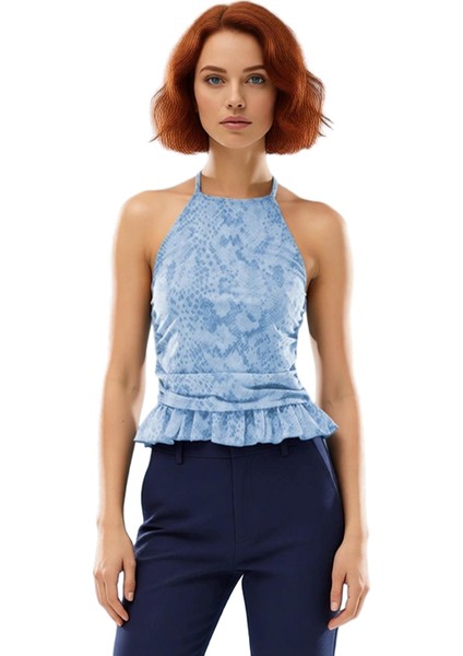 Kadın Kolsuz Halter Yaka Fırfırlı Baskılı Örme Üst Kaliteli Şık Rahat Modern Zarif Günlük fiyatları