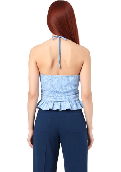 Kadın Kolsuz Halter Yaka Fırfırlı Baskılı Örme Üst Kaliteli Şık Rahat Modern Zarif Günlük modelleri