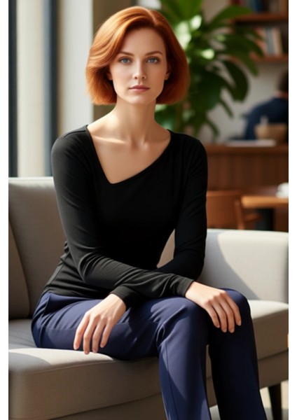 Kadın Uzun Kollu Vücuda Oturan Asimetrik Yaka Örme Üst Kaliteli Şık Rahat Modern Zarif Günlük