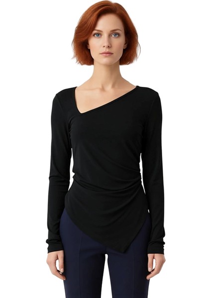 Kadın Uzun Kollu Vücuda Oturan Asimetrik Yaka Örme Üst Kaliteli Şık Rahat Modern Zarif Günlük fiyatları