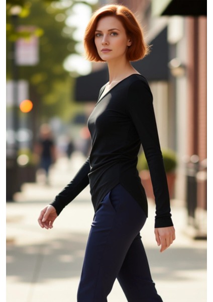 Kadın Uzun Kollu Vücuda Oturan Asimetrik Yaka Örme Üst Kaliteli Şık Rahat Modern Zarif Günlük fırsatları