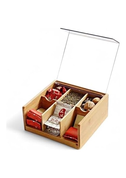 Akrilik Şeffaf Kapaklı Bambu 6 Bölmeli Çay Kutusu -%100 Orjinal Bambu Şeffaf Kapak (22CM*22CM*10CM) fiyatları
