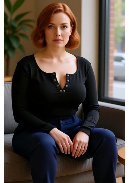 Moda Büyük Beden Havuz Yaka Örme Regular Düz Desen Casual Günlük Crop Uzun Kol Bluz