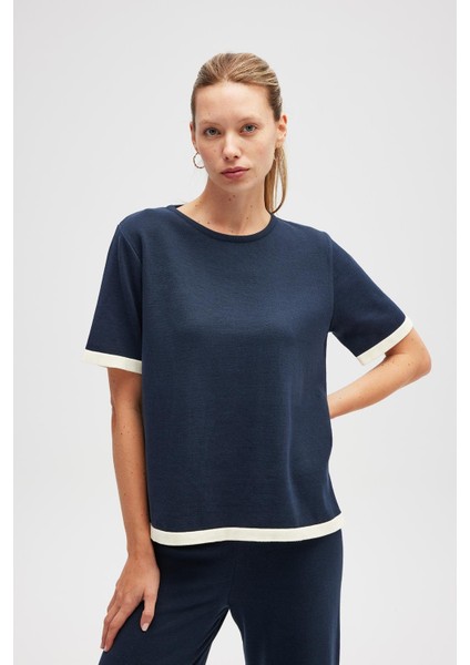 Rumi Kadın Triko Yanları Yırtmaçlı Pamuk Bluz - Lacivert