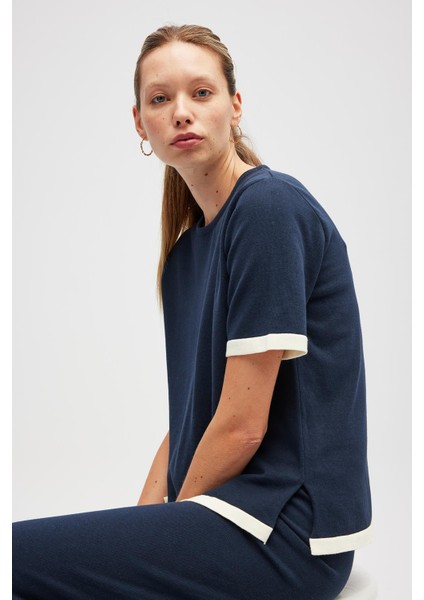 Rumi Kadın Triko Yanları Yırtmaçlı Pamuk Bluz - Lacivert fırsatları