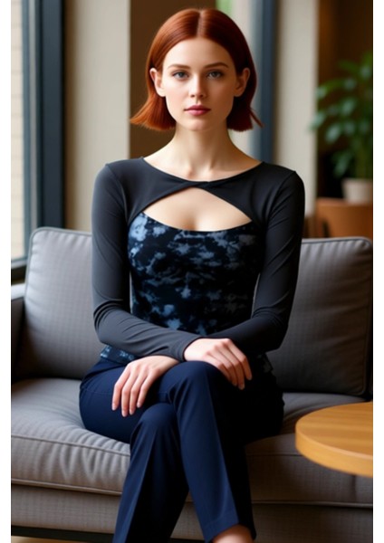 Genç Kadınlar Için Soyut Desenli Çift Katmanlı Bisiklet Yaka Fitted Örme Üst Kaliteli Şık Rahat