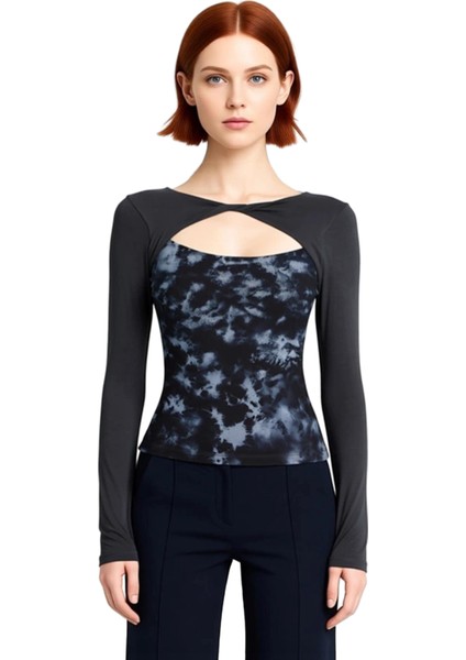 Genç Kadınlar Için Soyut Desenli Çift Katmanlı Bisiklet Yaka Fitted Örme Üst Kaliteli Şık Rahat fiyatları