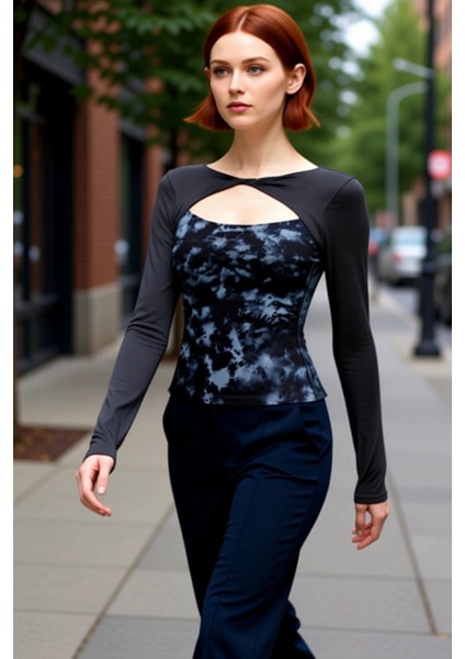 Genç Kadınlar Için Soyut Desenli Çift Katmanlı Bisiklet Yaka Fitted Örme Üst Kaliteli Şık Rahat fırsatları