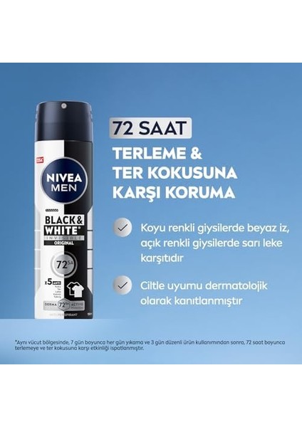 Nıvea Men Erkek Sprey Deodorant Black&white Invisible Original 150ML ve Mini Roll-On 25ML, 72 Saat Anti-Perspirant Koruma modelleri