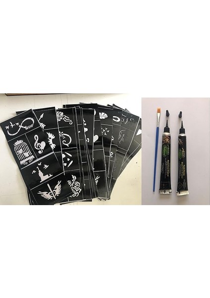 Desen 2 Tüp Kına ve Fırça Geçici Dövme Seti Hint Kınasıyla Dövme Yapma