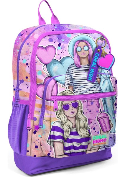 Dört Bölmeli Pembe Mor Fashion Desenli Ilkokul Sırt Çantası - Kız Çocuk