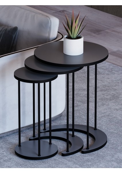 Ay 3’lü Yuvarlak Zigon Sehpa Seti – Modern Metal Ayaklı, Şık Yan & Orta Sehpa,c Zigon