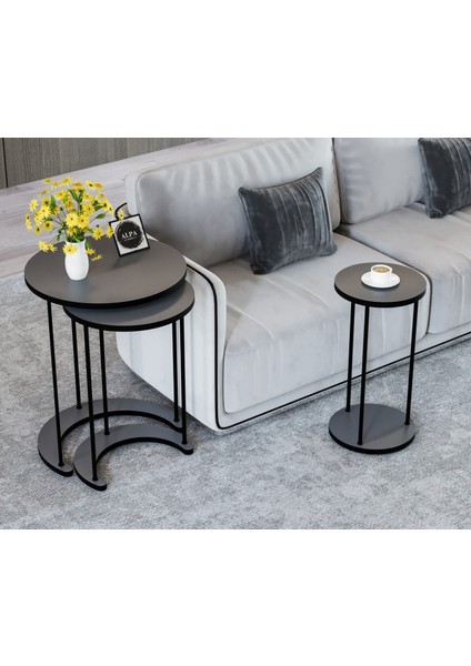 Ay 3’lü Yuvarlak Zigon Sehpa Seti – Modern Metal Ayaklı, Şık Yan & Orta Sehpa,c Zigon fiyatları