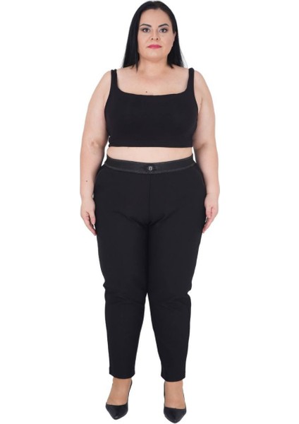 Ekstra Battal Dar Paça Toparlayıcı Yüksek Belli Paçası Fermuarlı Beli Lastikli Kadın Pantolon