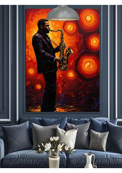 Kırmızı Işık ve Saksafon Çalan Çalan Adam Dekoratif Kanvas - Mdf Ahşap Tablo
