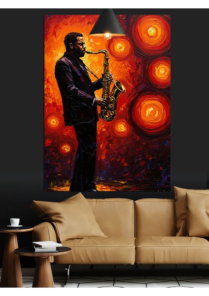 Kırmızı Işık ve Saksafon Çalan Çalan Adam Dekoratif Kanvas - Mdf Ahşap Tablo fırsatları