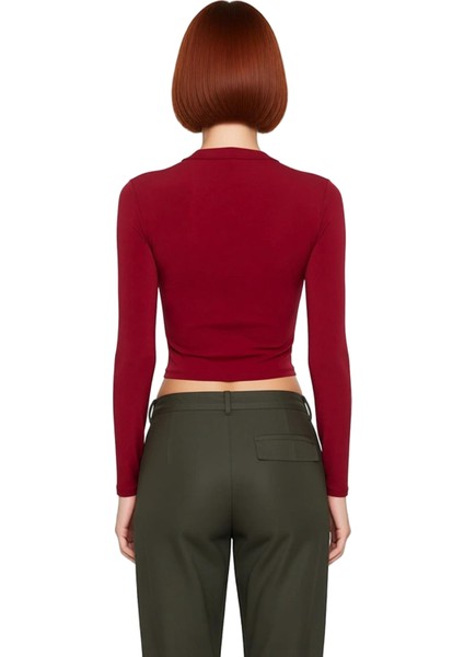 Kadın Moda Şık Crop Dik Yaka Slim Kalıp Örme Kolu Büzgü Detaylı Fitted Vücuda Oturan Esnek Bluz modelleri